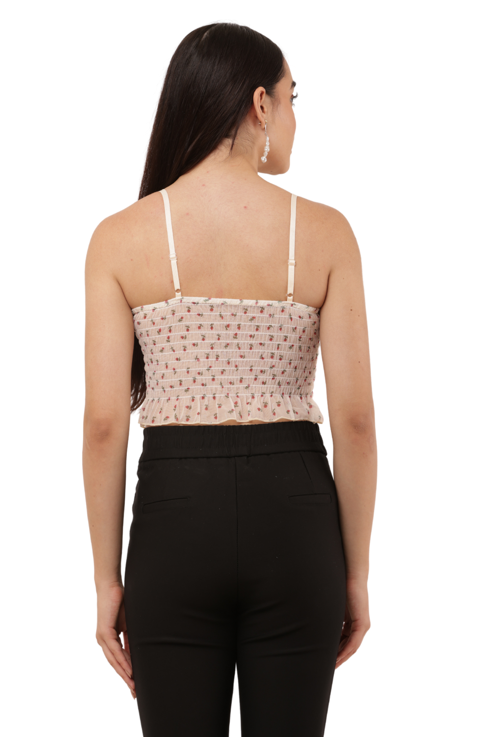 Strawberry Print Free Size Smocked Crop Top with Ruffle Hem – Korean Fashion