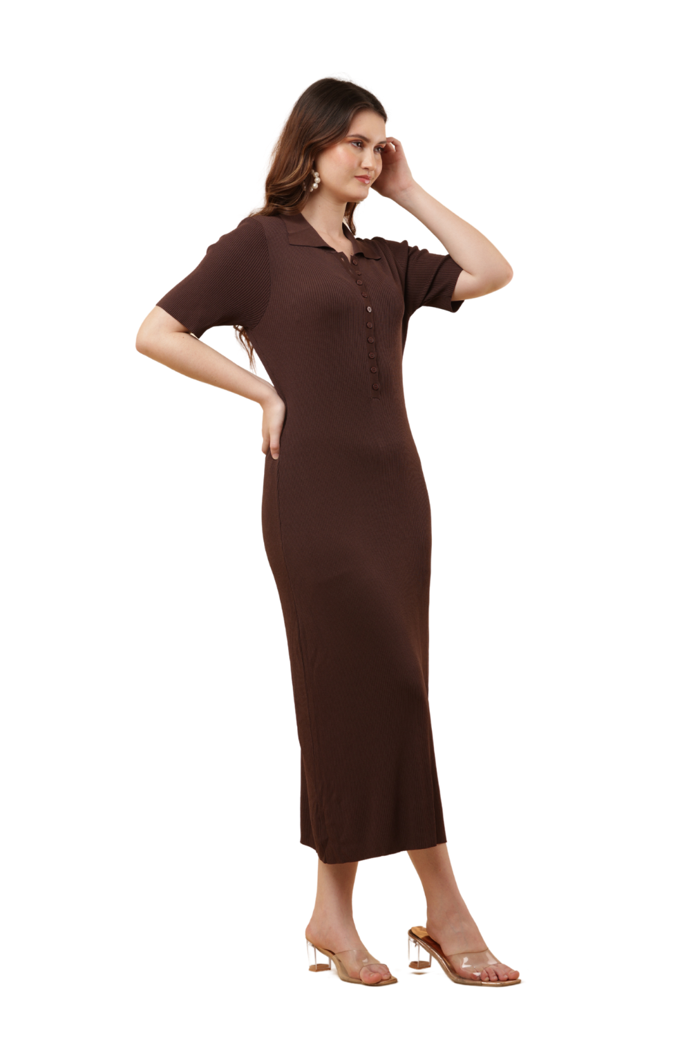 Korean Bodycon Ribbed Polo Midi Dress Free Size – Korean Fashion Style