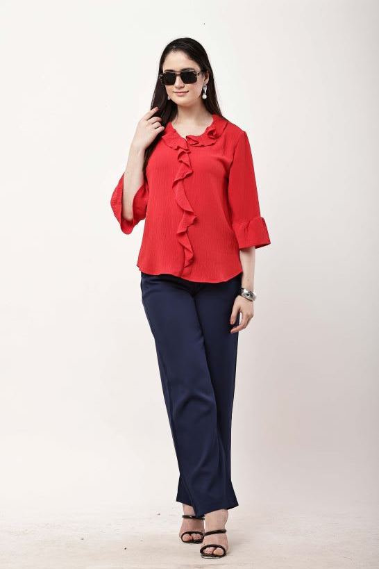 Beige Ruffle Top Women Flared Sleeve Elegant Blouse