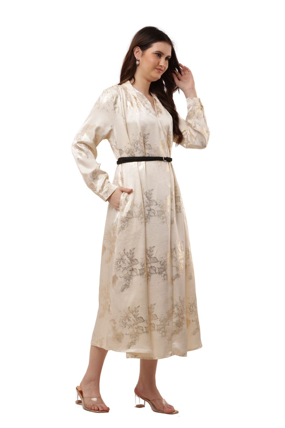Elegant Korean Kaftan Dress in Satin Floral Print Free Size - Korean Fashion