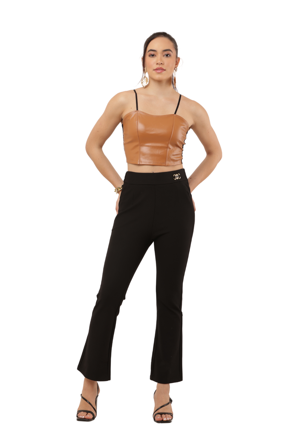 High-Waist Black Flared Pants with Gold Buckle – Korean Fashion Style