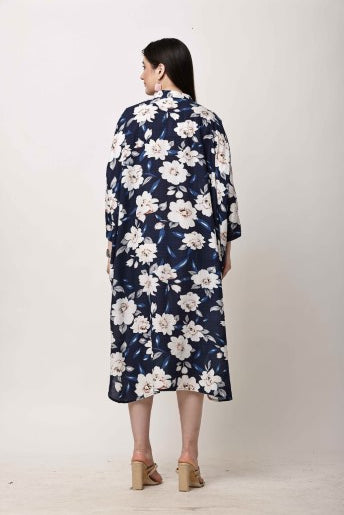 Navy Blue Floral Kaftan Dress for Women | Eid & Ramadan Wear