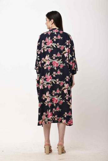 Black Floral Kaftan Dress Women Oversized Midi Dress