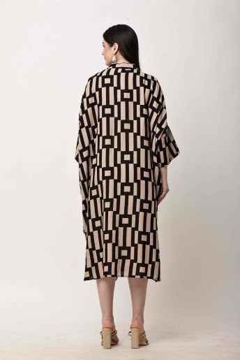 Beige Black Geometric Kaftan Dress for Women | Eid & Ramadan Wear