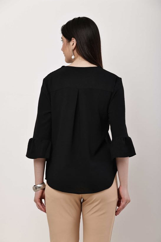 Beige Ruffle Top Women Flared Sleeve Elegant Blouse
