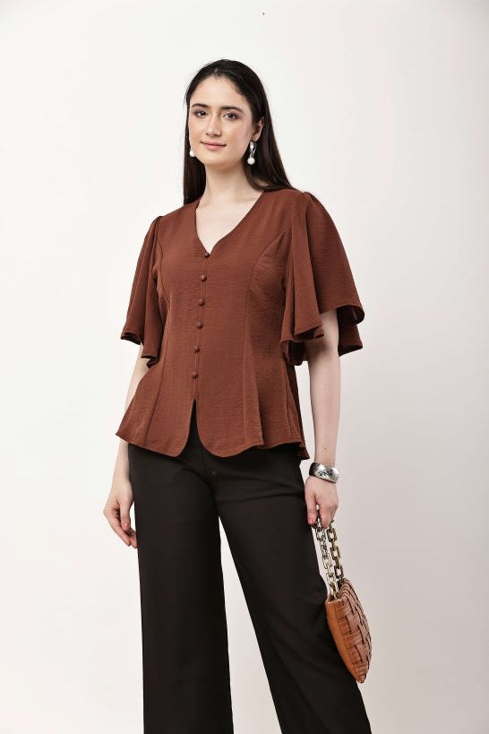 Olive Green Women Top Flutter Sleeve Elegant Blouse