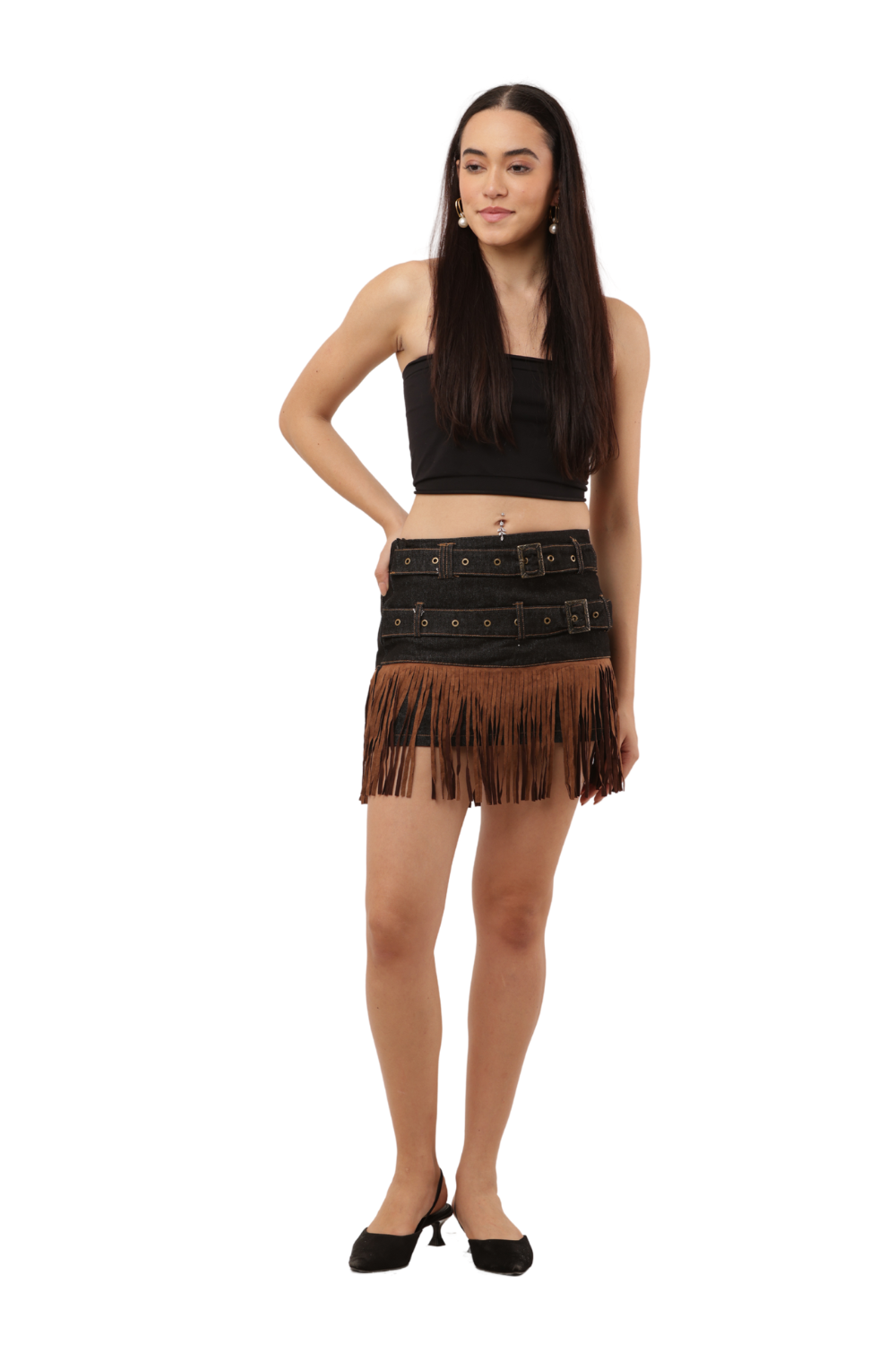 Denim Fringe Mini Skirt with Dual Belt Detail
