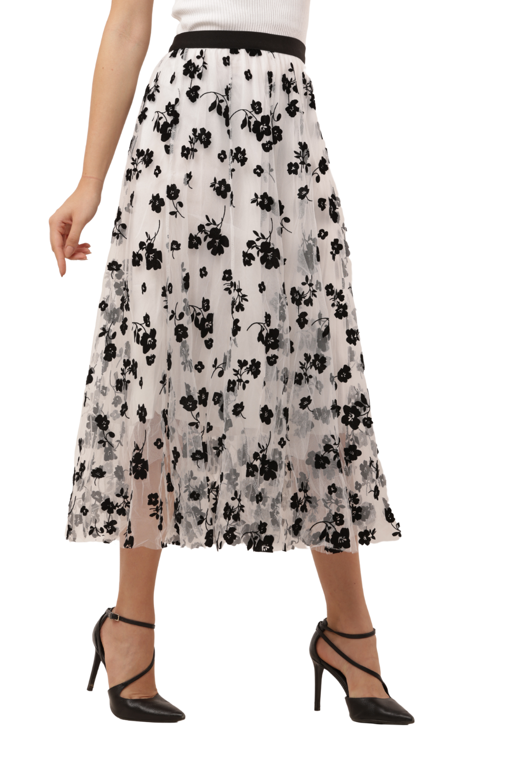 Black Mesh Floral Embroidered Korean Long Skirt – High Waist, A-Line, Pleated Midi