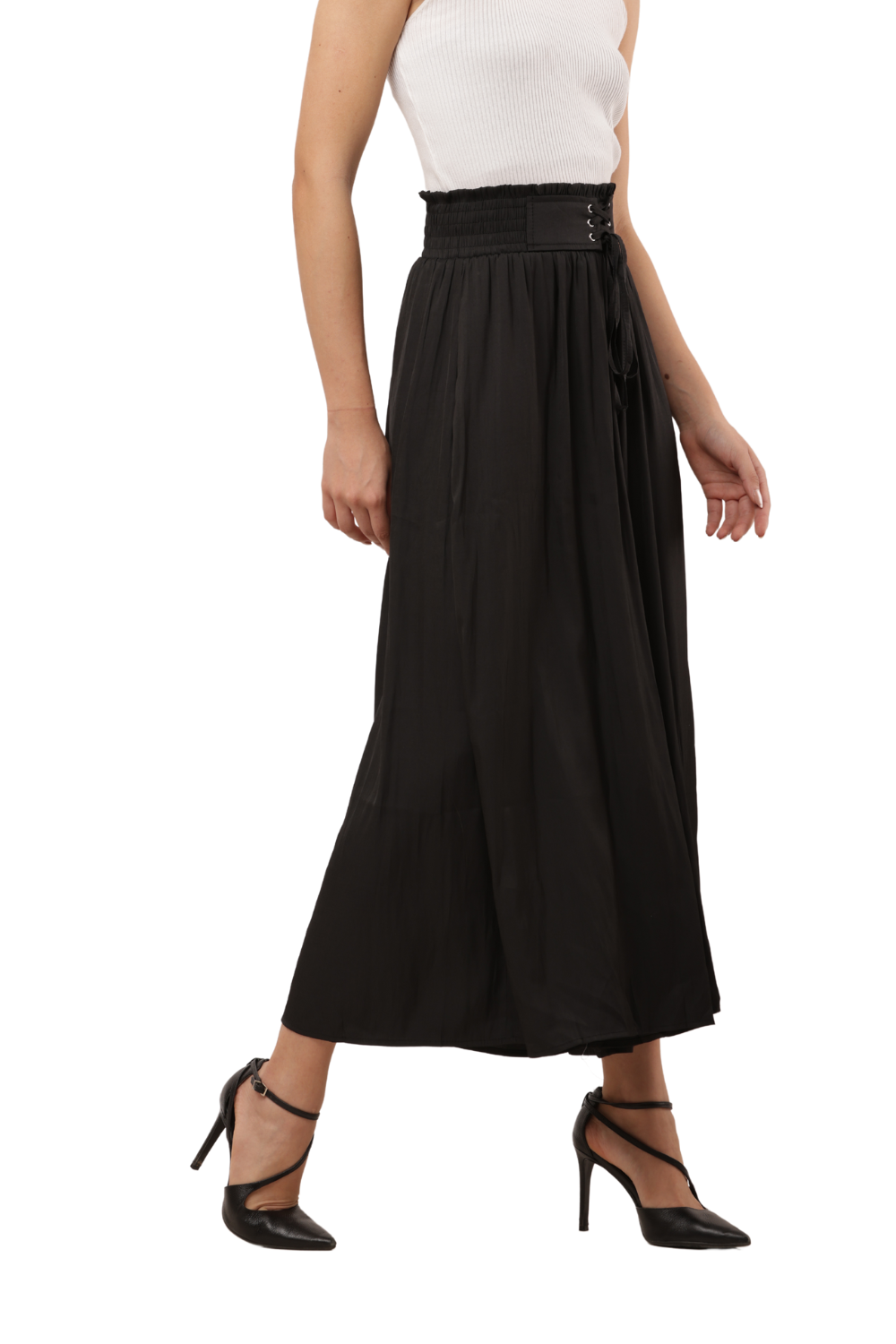 High Waist Flared Palazzo Pants with Corset Tie Detail
