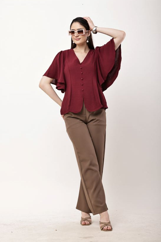 Olive Green Women Top Flutter Sleeve Elegant Blouse