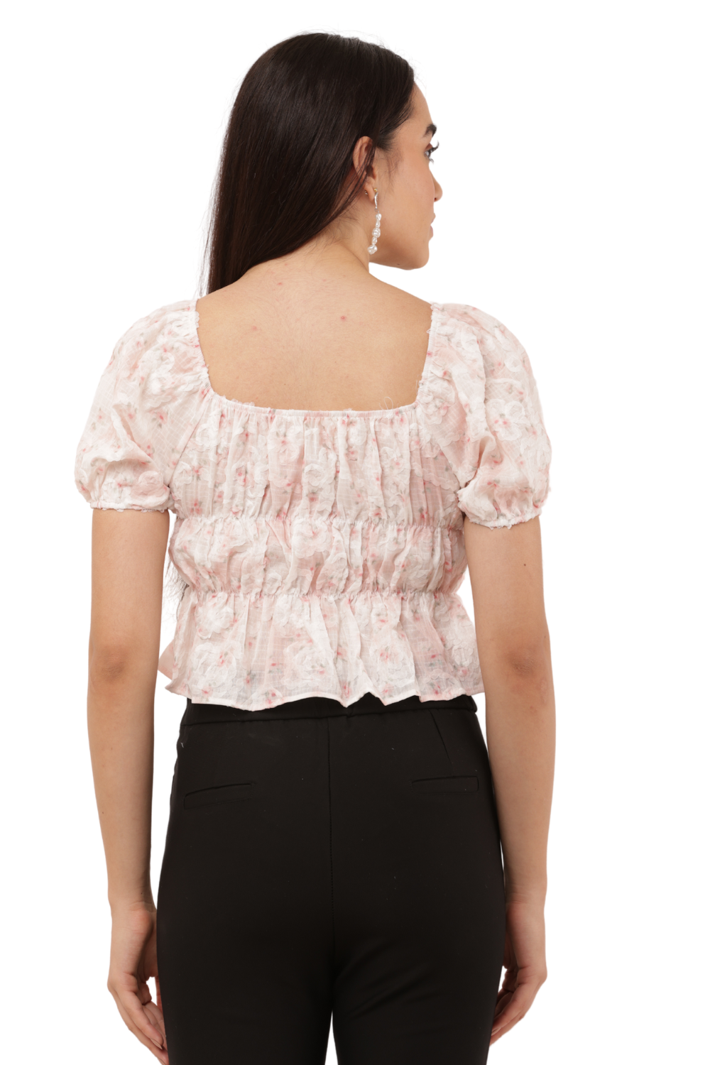 Blush Pink Floral Sheer Puff Sleeve Peplum Korean Top
