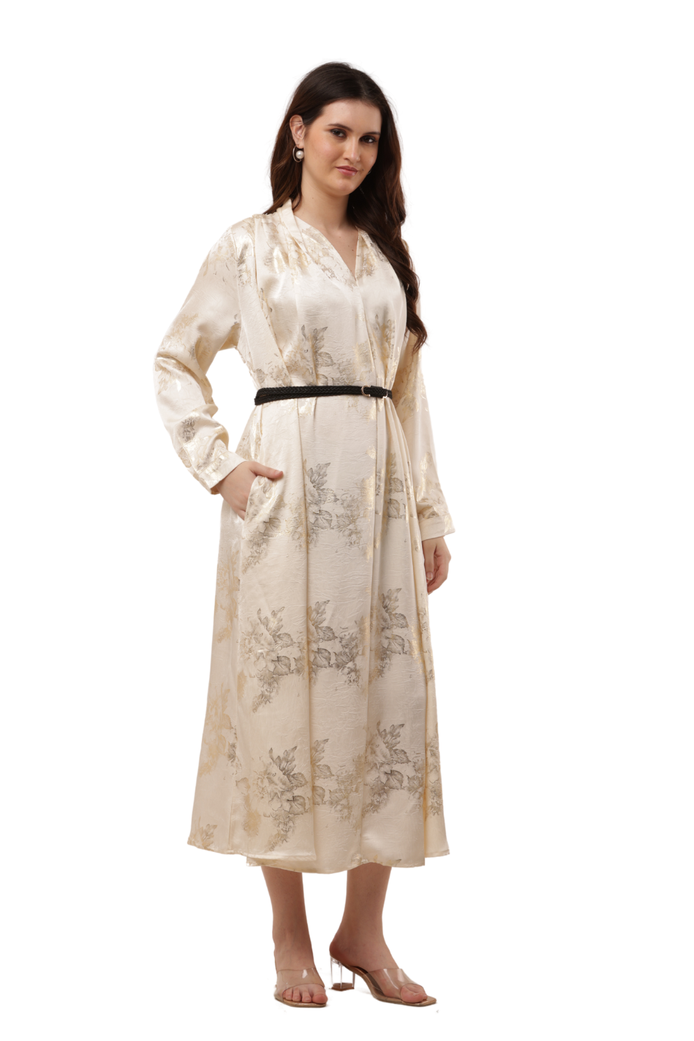 Elegant Korean Kaftan Dress in Satin Floral Print Free Size - Korean Fashion