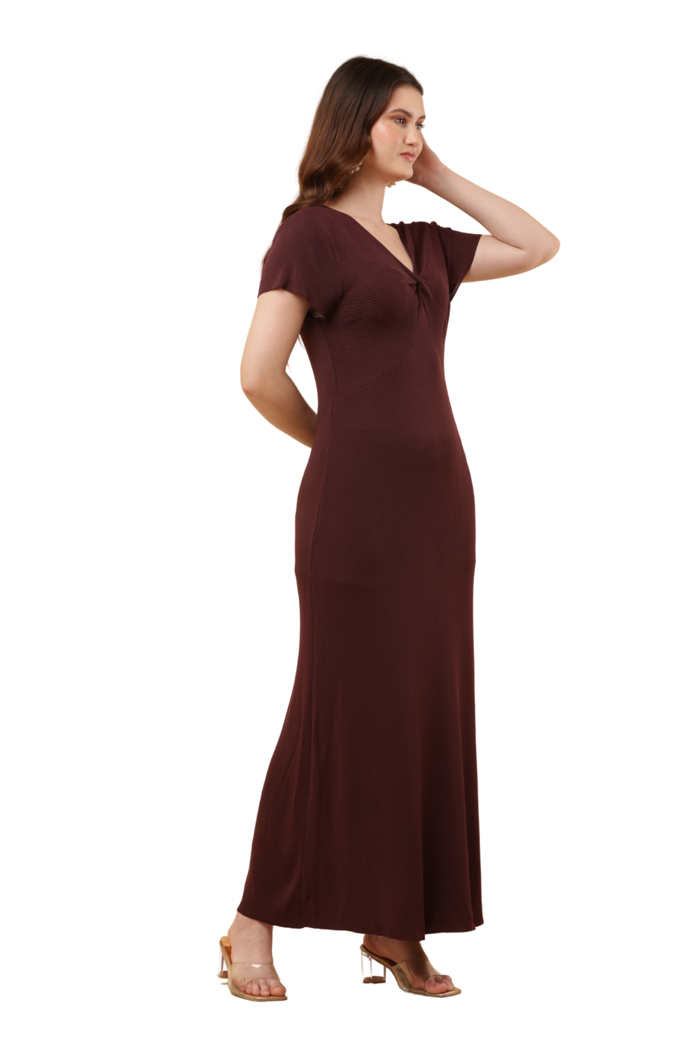 Twist-Front Ribbed Maxi Dress Free Size – Korean Bodycon Style