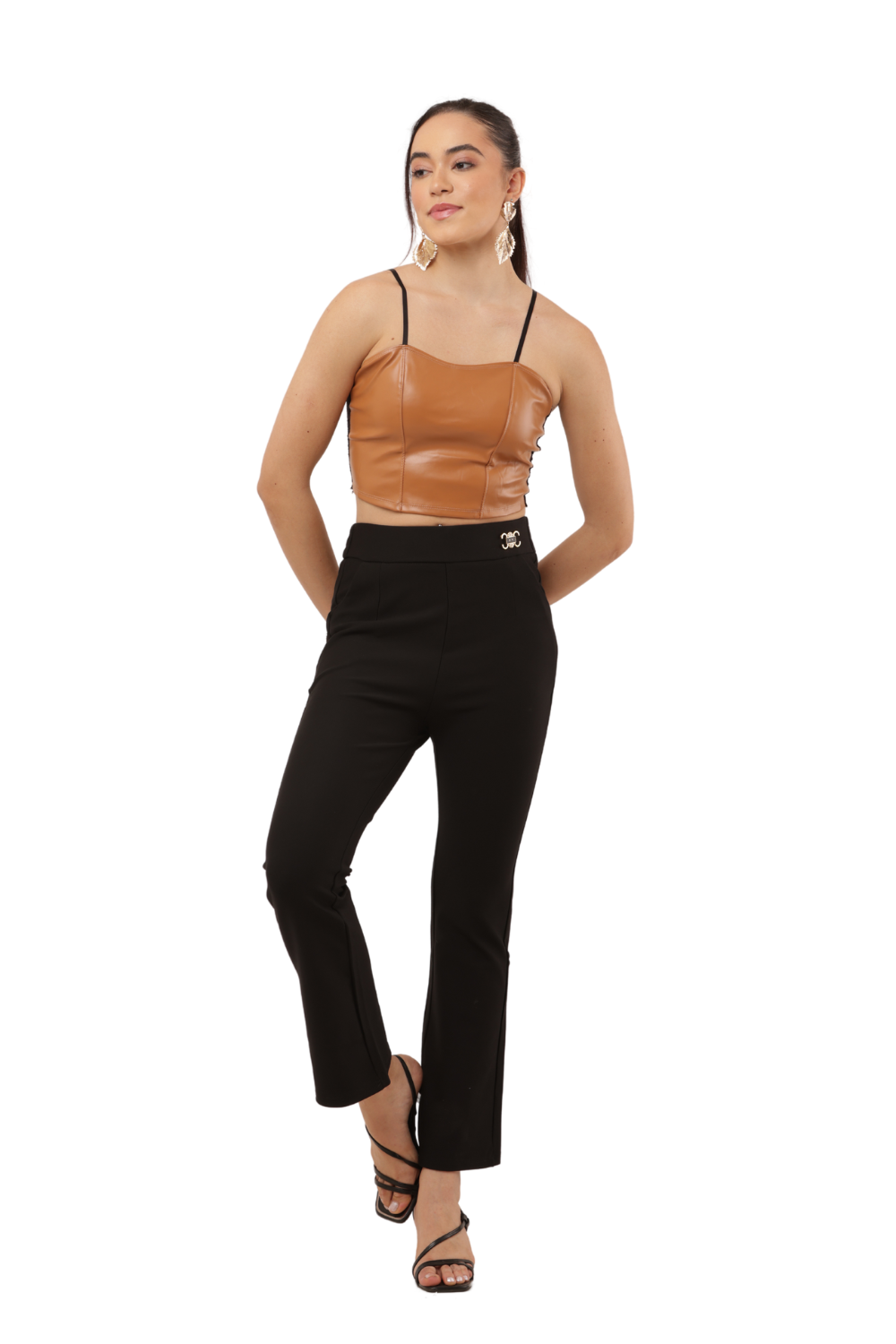 High-Waist Black Flared Pants with Gold Buckle – Korean Fashion Style