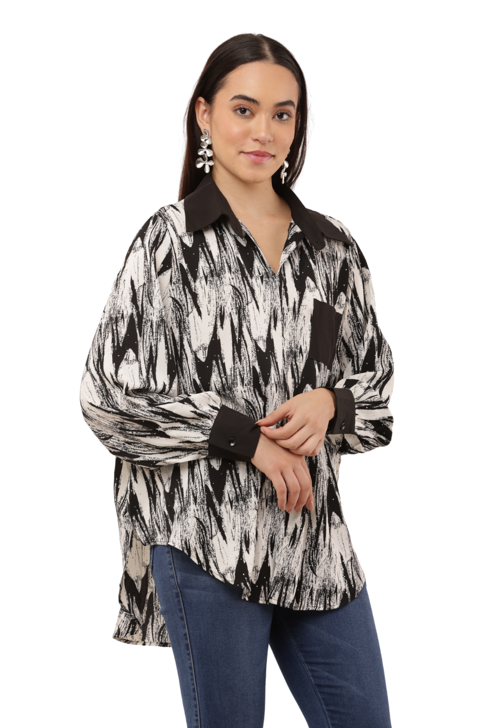Oversized Abstract Print Button-Down Free Size Shirt with Contrast Detailing