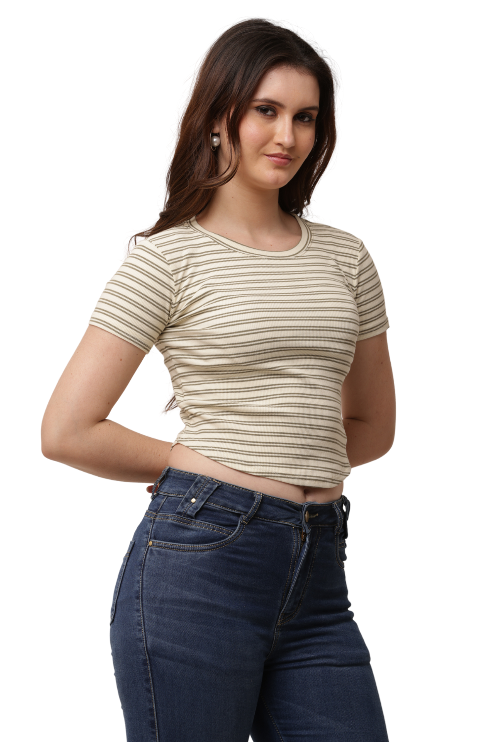 Ribbed Fitted Striped Korean T-Shirt Free Size – Casual Round Neck Tee