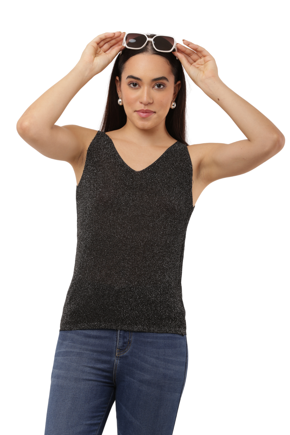 ✨ Shimmer Knit Sleeveless Top – V-Neck Style