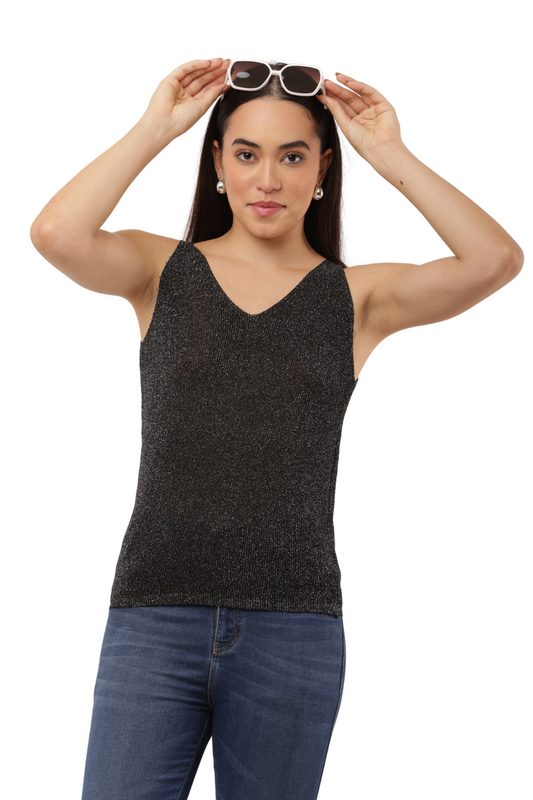 ✨ Shimmer Knit Sleeveless Top – V-Neck Style
