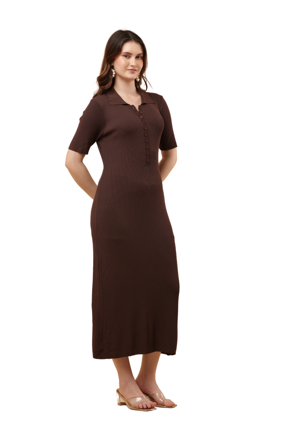 Korean Bodycon Ribbed Polo Midi Dress Free Size – Korean Fashion Style