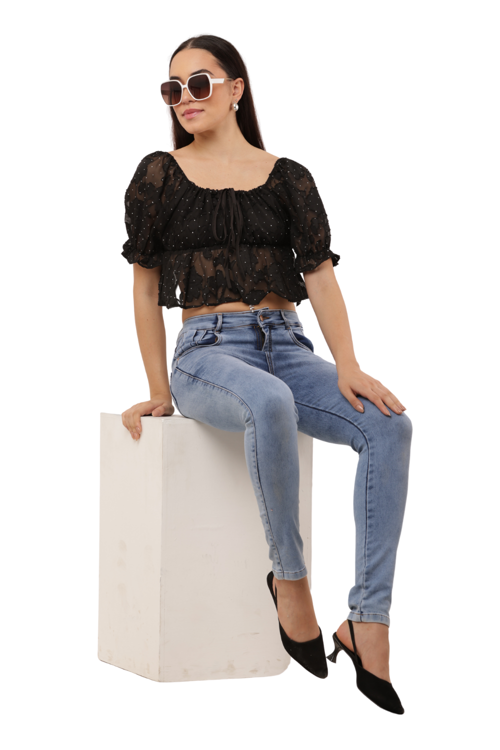 Sheer Puff Sleeve Mesh Peplum Top with Tie Front - Free Size