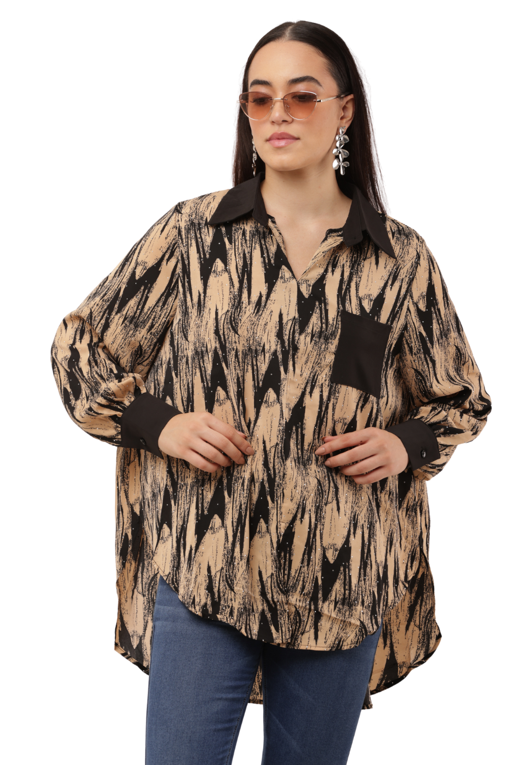 Oversized Abstract Print Button-Down Free Size Shirt with Contrast Detailing