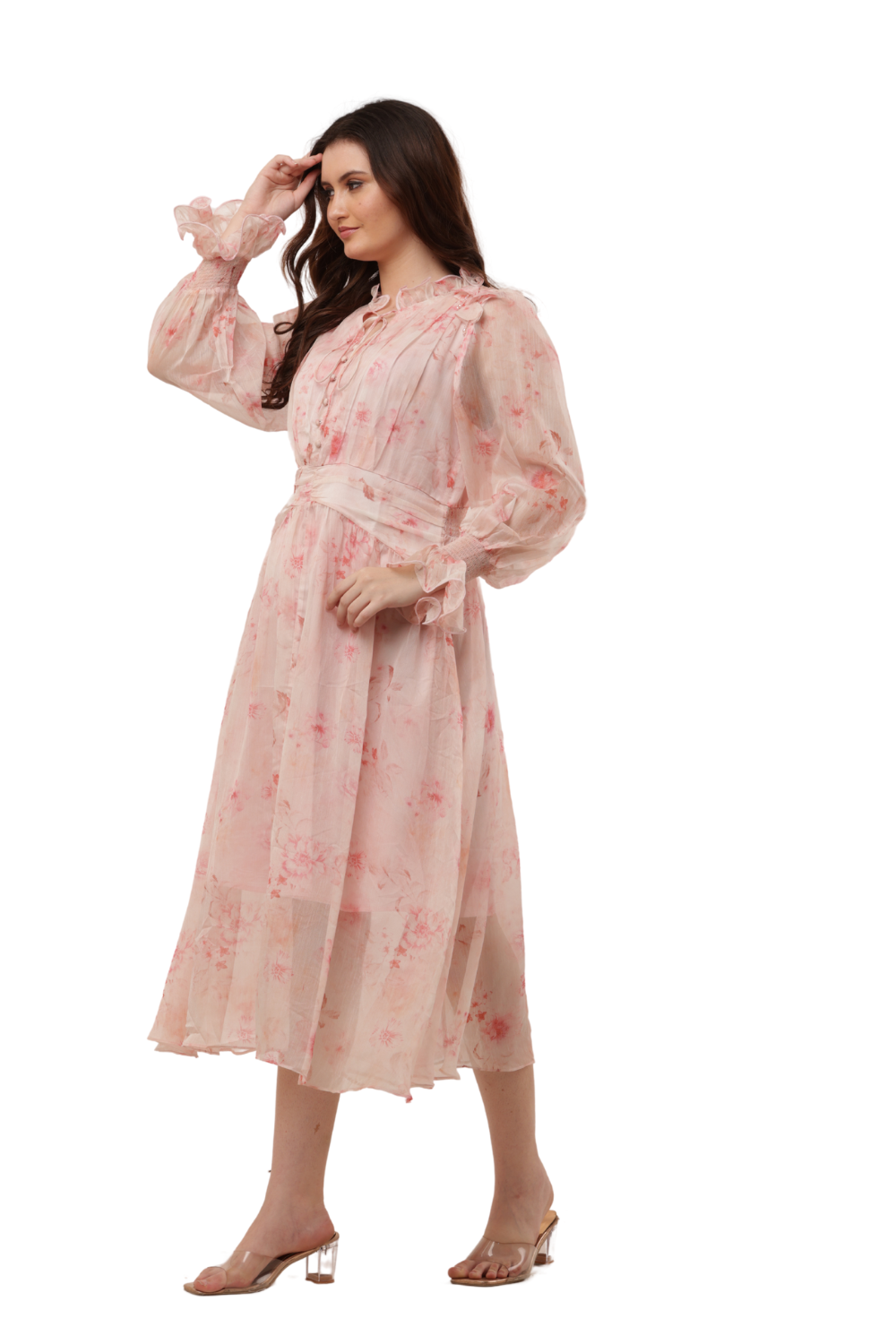 Elegant Floral Ruffle Midi Korean Dress – Sheer Organza | Korean Fashion Clothes