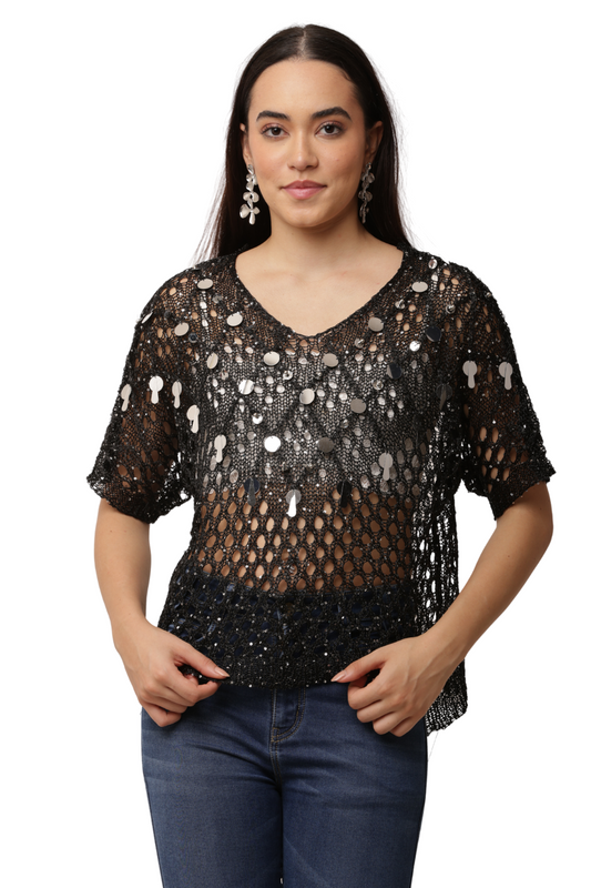 Mesh Sequin Lace-Up Free Size Back Korean Top