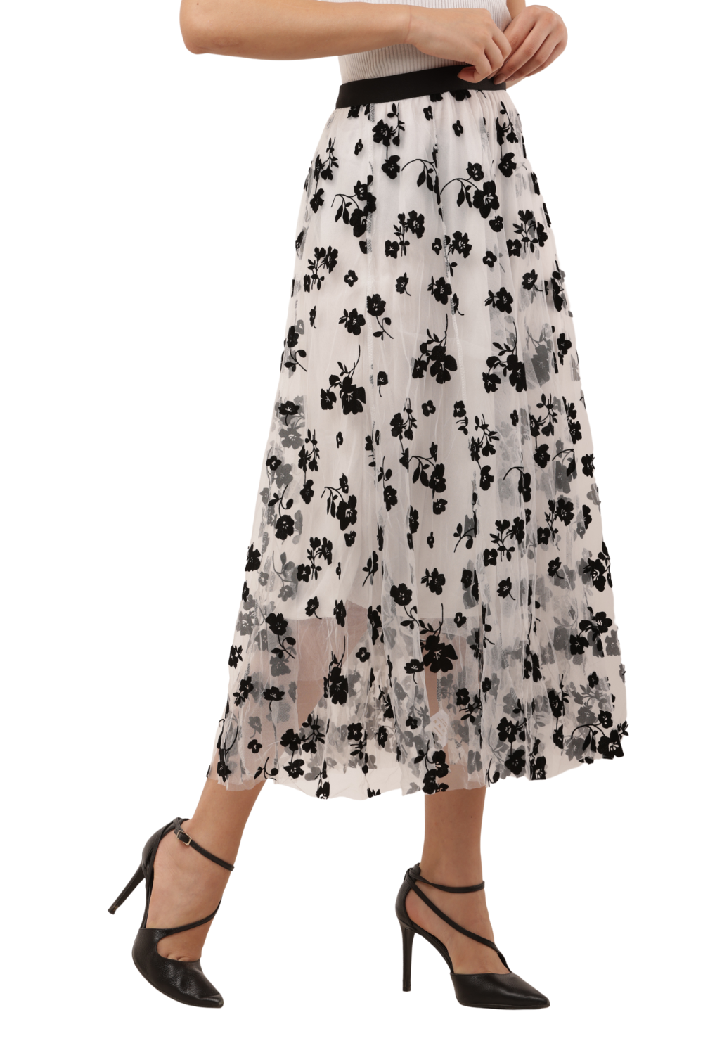 Black Mesh Floral Embroidered Korean Long Skirt – High Waist, A-Line, Pleated Midi