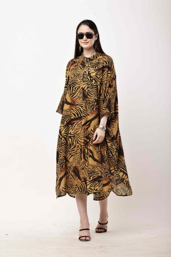 Tiger Print Kaftan Dress Women Oversized Midi Dress