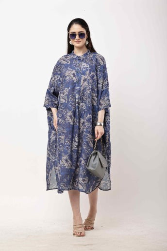 Blue Floral Kaftan Dress Women Oversized Midi Dress