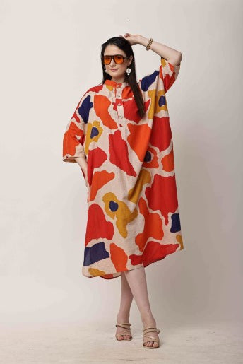 Abstract Print Kaftan Dress | Oversized Korean Style Women Outfit