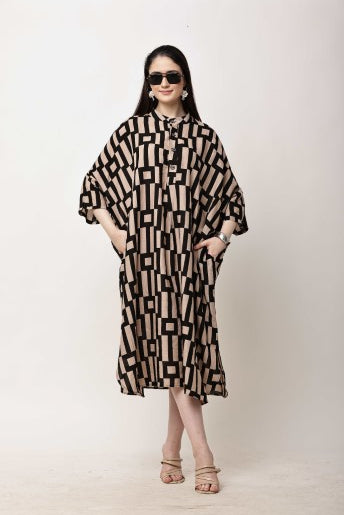 Beige Black Geometric Kaftan Dress for Women | Eid & Ramadan Wear