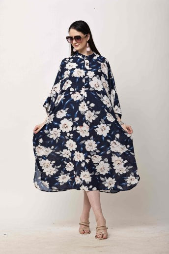 Navy Blue Floral Kaftan Dress for Women | Eid & Ramadan Wear