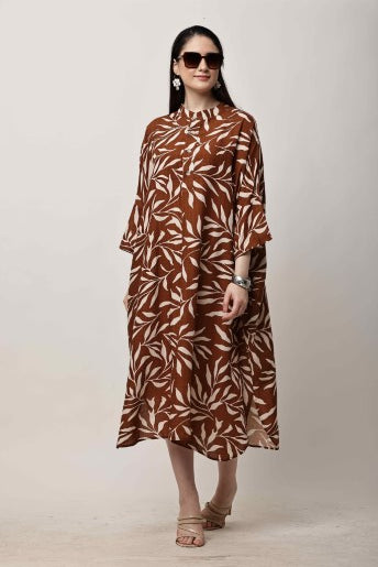 Rust Brown Printed Kaftan Dress for Women | Oversized Korean Style Outfit