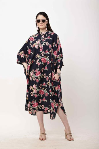 Black Floral Kaftan Dress Women Oversized Midi Dress