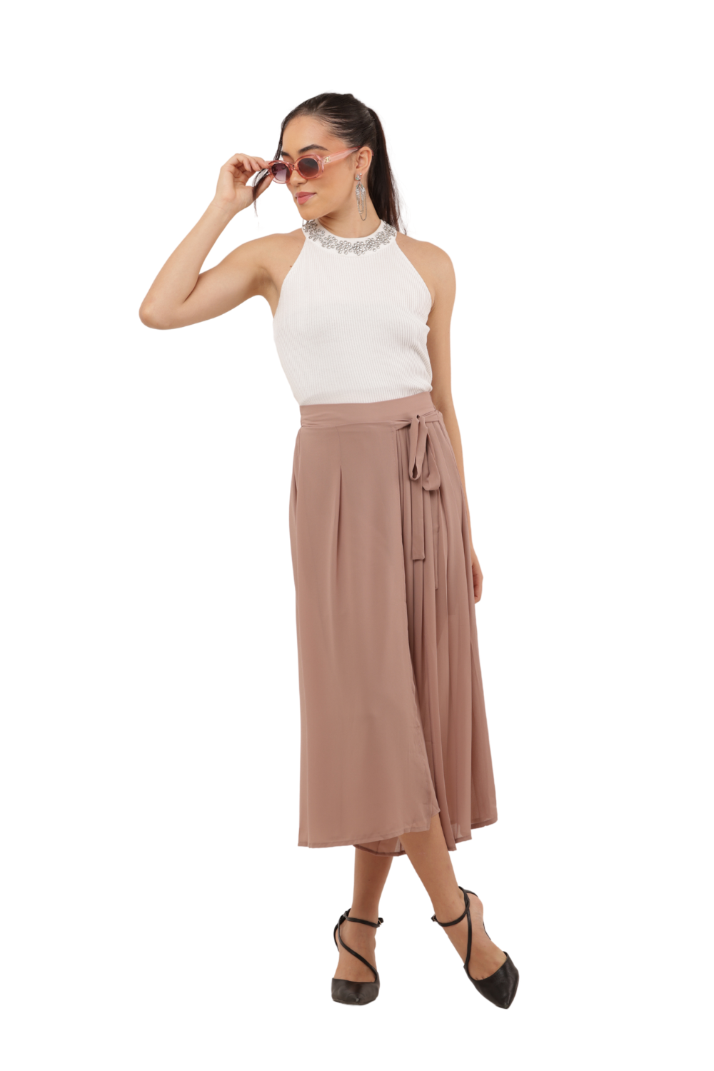 High-Waist Pleated Culottes with Side Tie Detail