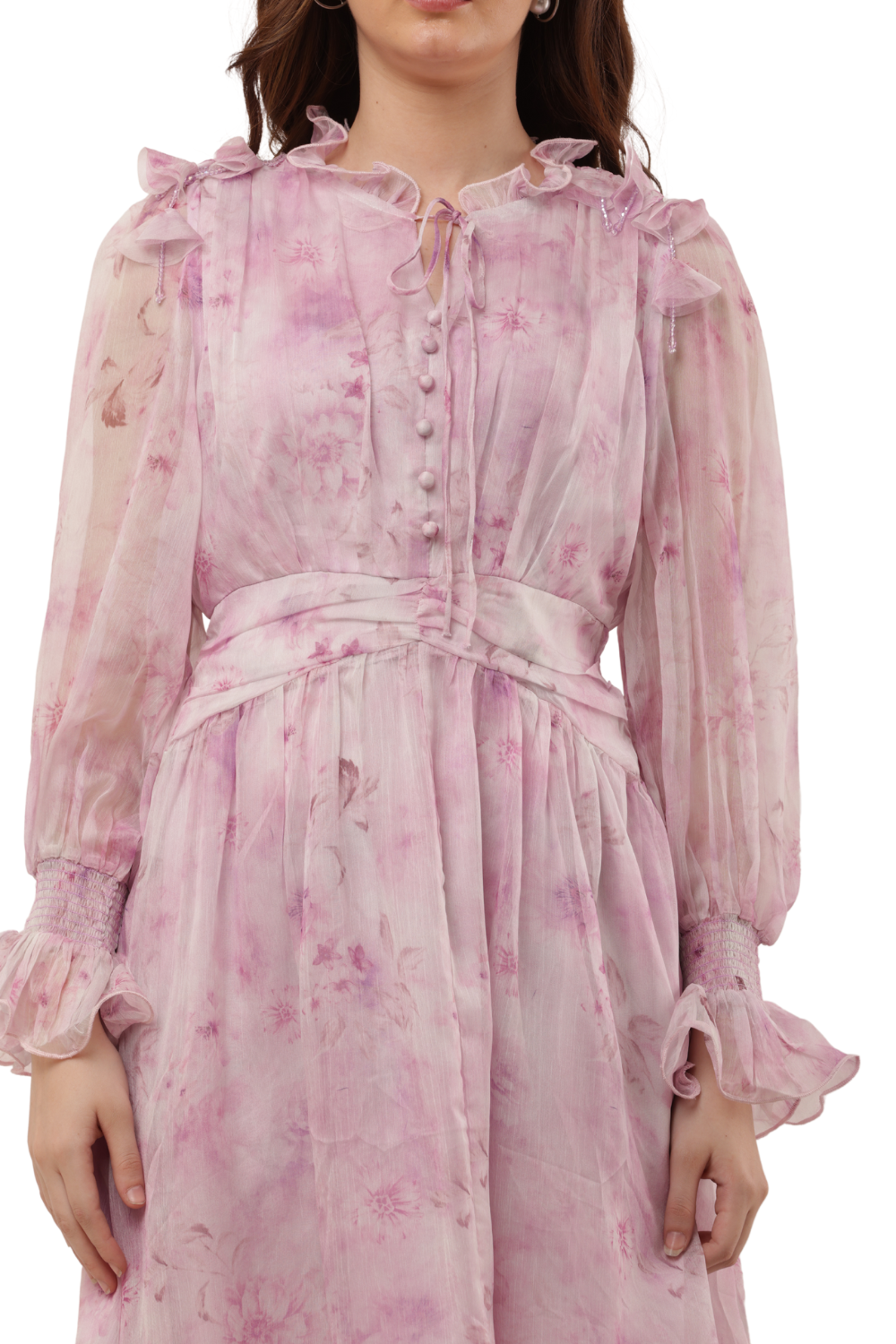 Elegant Floral Ruffle Midi Korean Dress – Sheer Organza | Korean Fashion Clothes