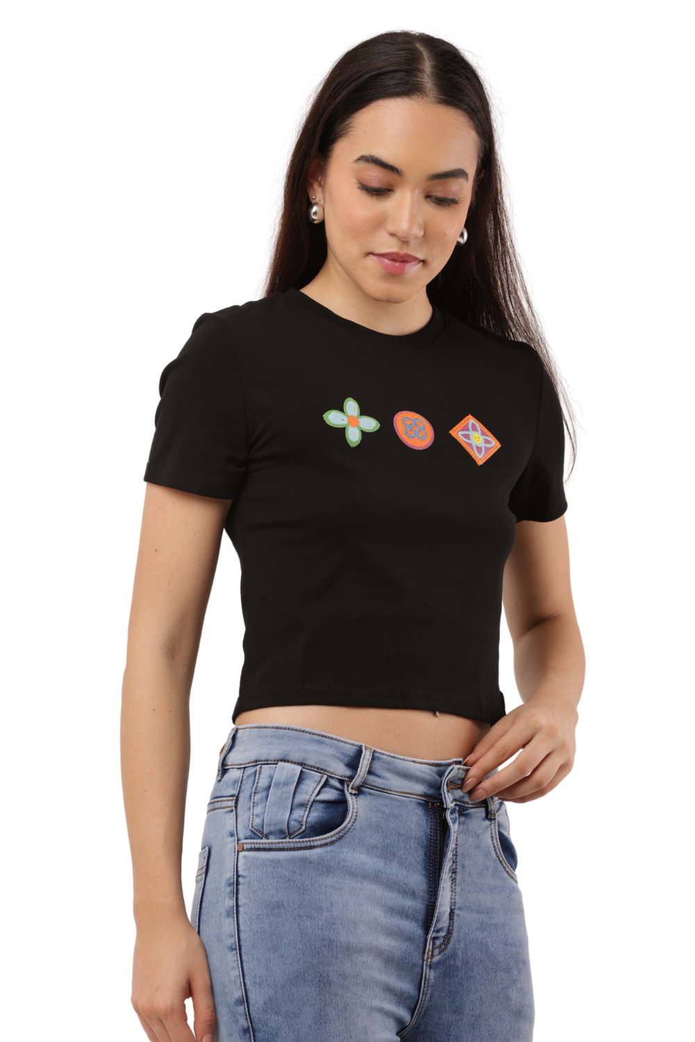 Embroidered Crop Top Free Size with Korean-Inspired Motifs