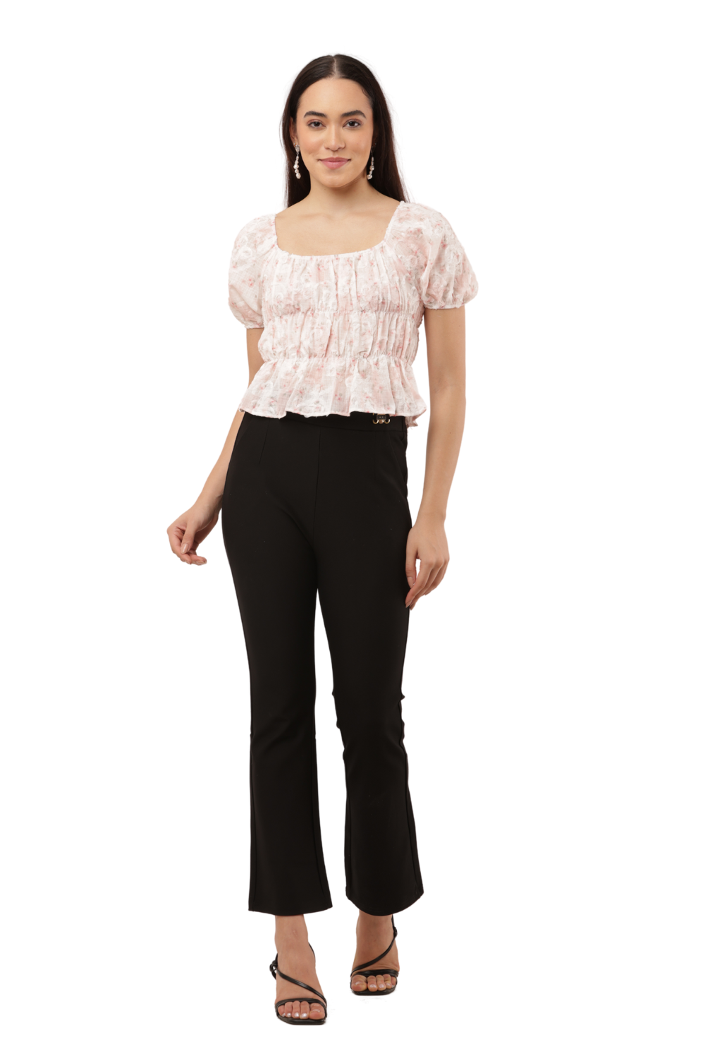 Blush Pink Floral Sheer Puff Sleeve Peplum Korean Top