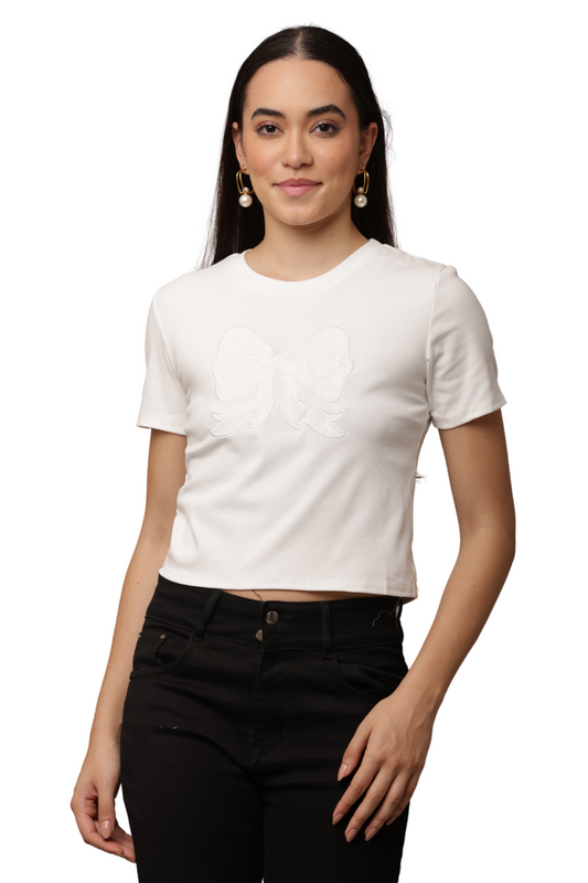 Bow Embroidered Crop Top Free Size – Korean T-Shirts for Women  | Korean Fashion Tee