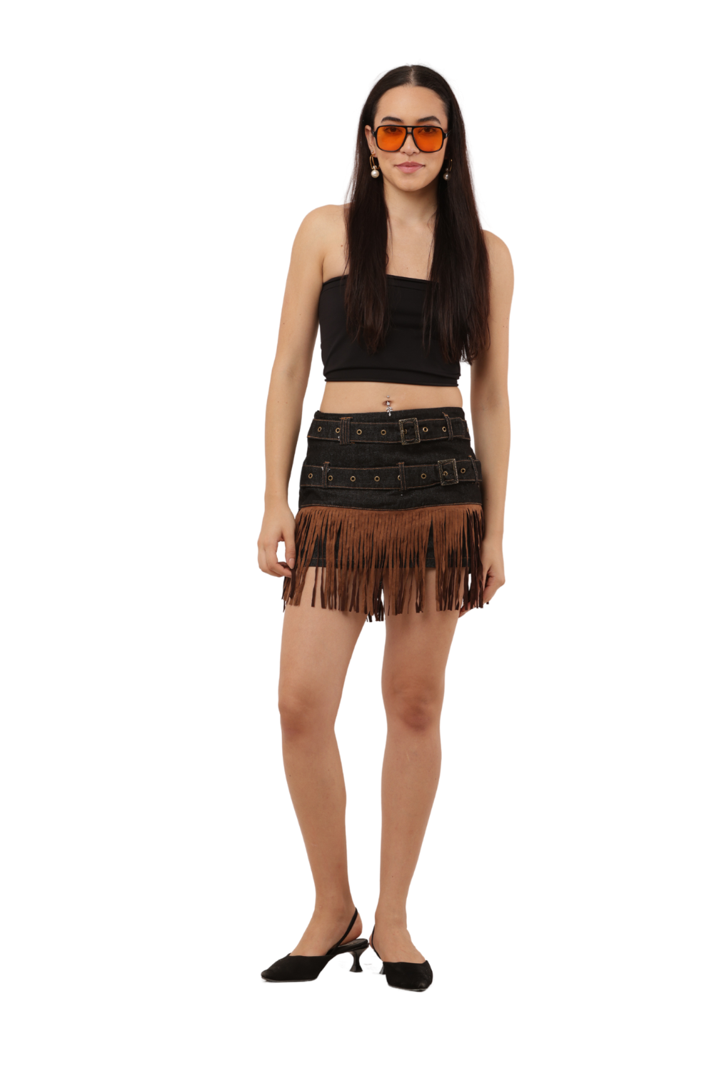 Denim Fringe Mini Skirt with Dual Belt Detail