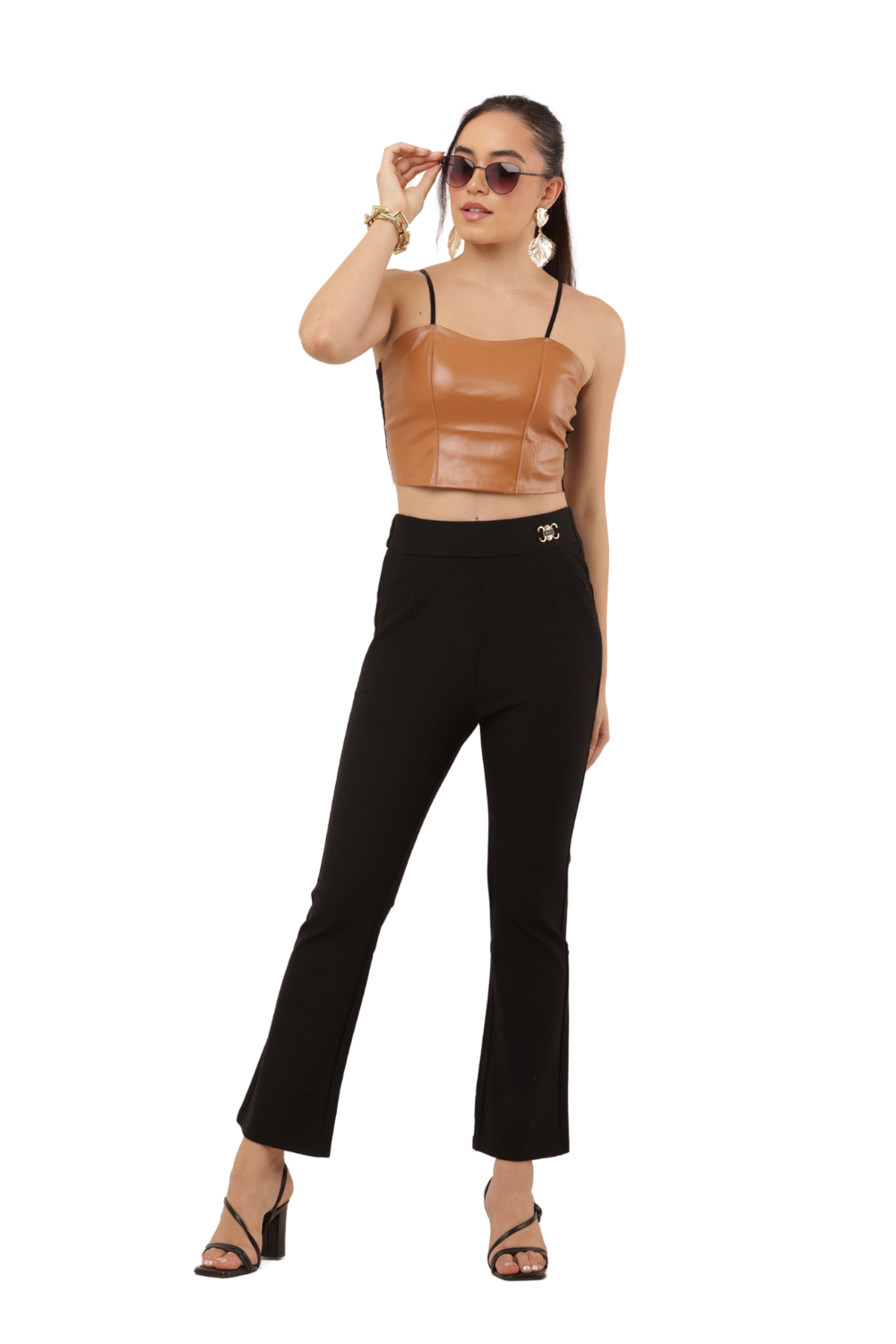 High-Waist Black Flared Pants with Gold Buckle – Korean Fashion Style