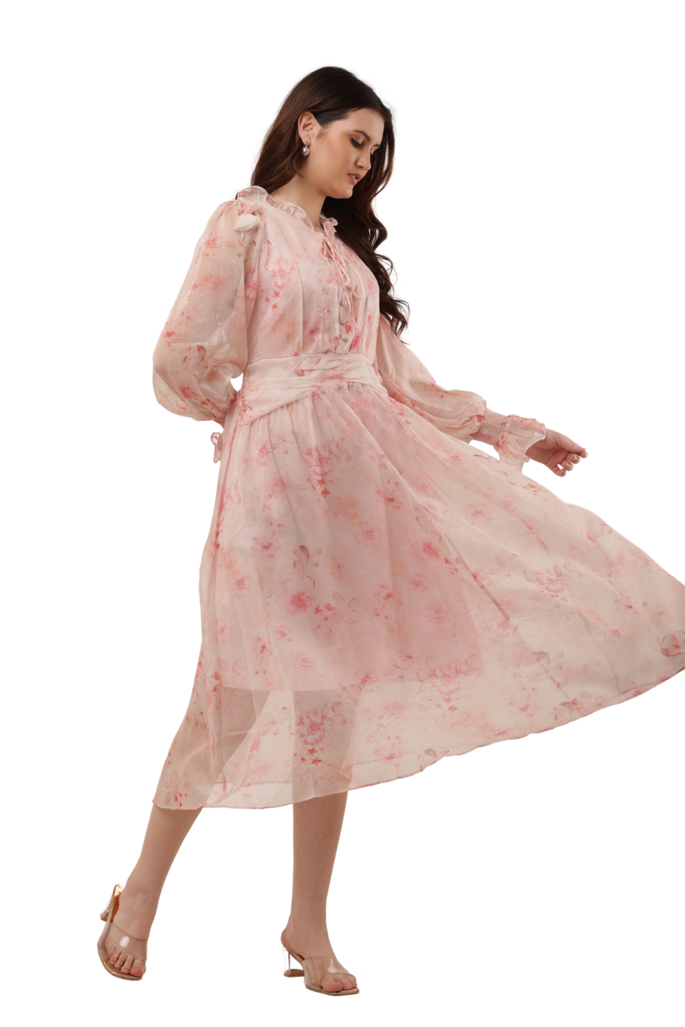 Elegant Floral Ruffle Midi Korean Dress – Sheer Organza | Korean Fashion Clothes