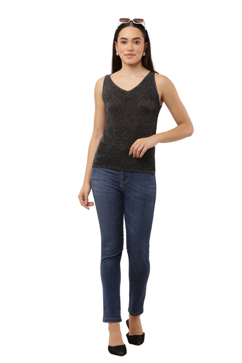 ✨ Shimmer Knit Sleeveless Top – V-Neck Style
