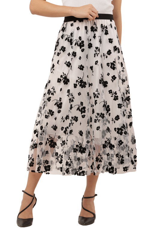 Black Mesh Floral Embroidered Korean Long Skirt – High Waist, A-Line, Pleated Midi