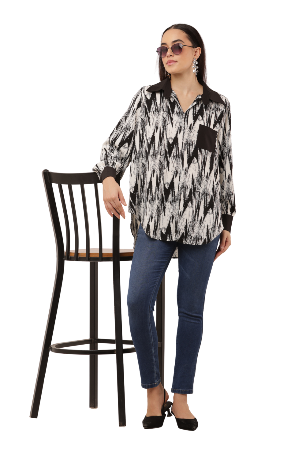 Oversized Abstract Print Button-Down Free Size Shirt with Contrast Detailing