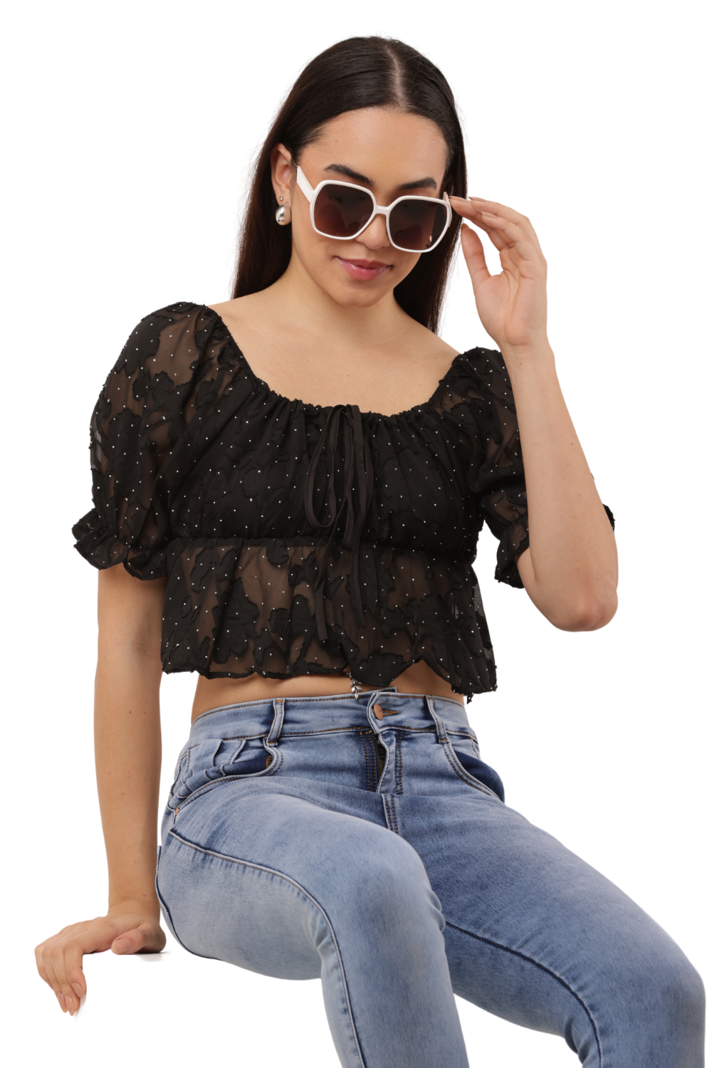 Sheer Puff Sleeve Mesh Peplum Top with Tie Front - Free Size