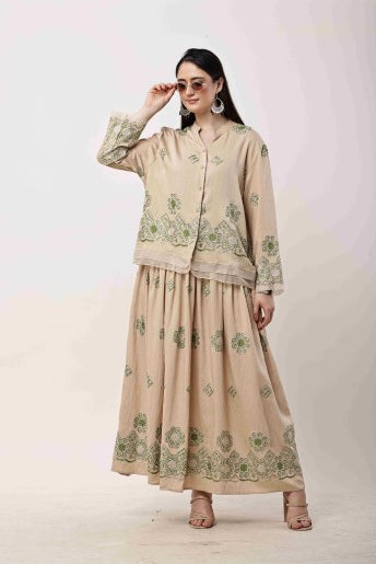 Beige Embroidered Kurta Skirt Set for Women | Eid & Festive Wear