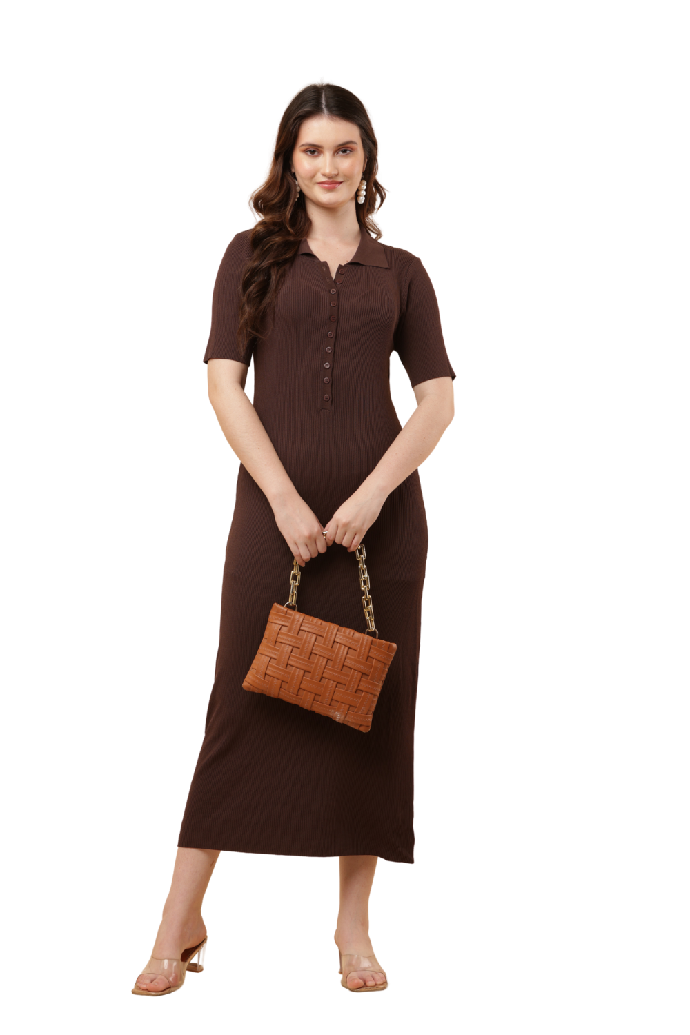 Korean Bodycon Ribbed Polo Midi Dress Free Size – Korean Fashion Style