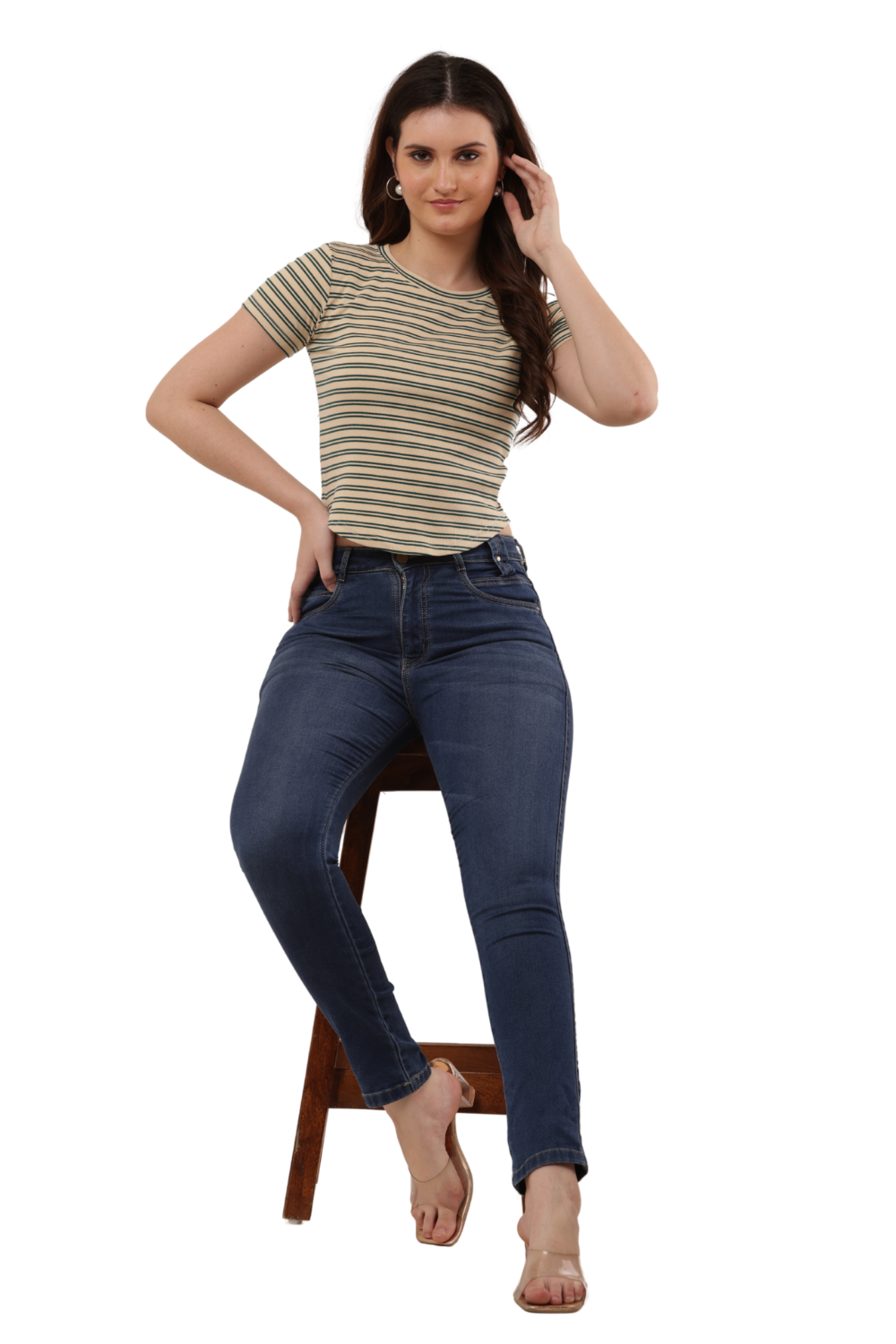 Ribbed Fitted Striped Korean T-Shirt Free Size – Casual Round Neck Tee
